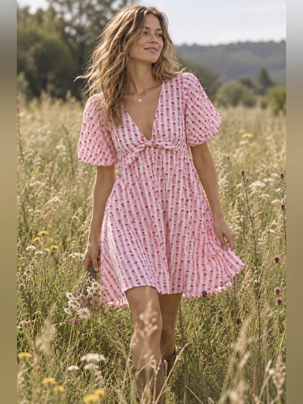 MAREA Pink Mini Dress with puff sleeve 100% cotton - size L